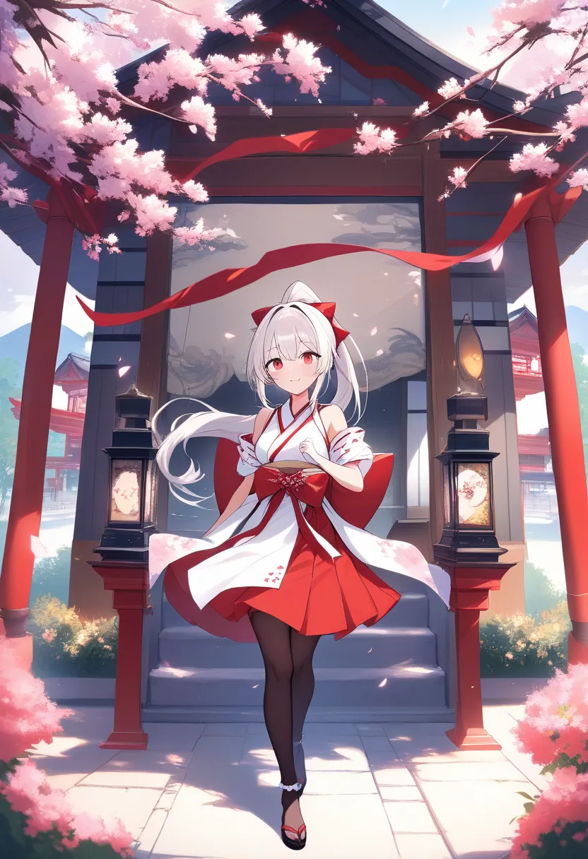 1 girl crouching、 shrine maiden clothes、frill socks、low angle、is embarrassing、cross race legwear、masterpiece、Best Quality、 Silver Hair、Scarlet Eyes、moderately developed breasts、 Beautiful Flower Garden Scenery、Pretty Girl、ponytail for men、smile、 (masterpie...