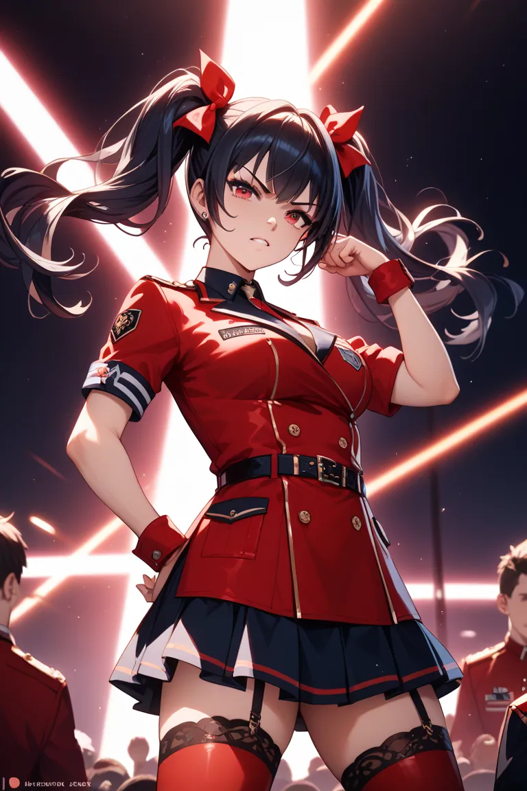 Black hair twin tail red eye uniform idol fan sa