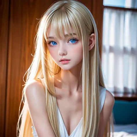 A beautiful girl with super long blond hair and bright light blue eyes is taking pictures, Gorgeous young age model ,  portrait of Sophie Mudd , Beautiful girl model,  cute beautiful girl , とてもBeautiful youngい女の子,  showing off her chest , beautiful girl, B...