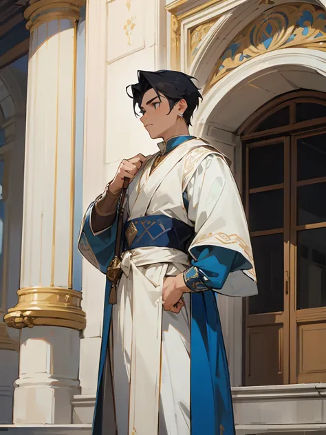 1male , Standing infront of a building , earring , fitted arm sleeves , Royal Clothing , Masterpiece Quality, Detailed Generation 