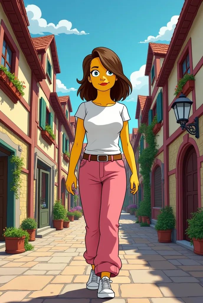 Simpsons style brunette 24-year-old poster, Skinny woman wearing a white t-shirt and loose pink pants and white shoes walking through a medieval village con pantalón suelto