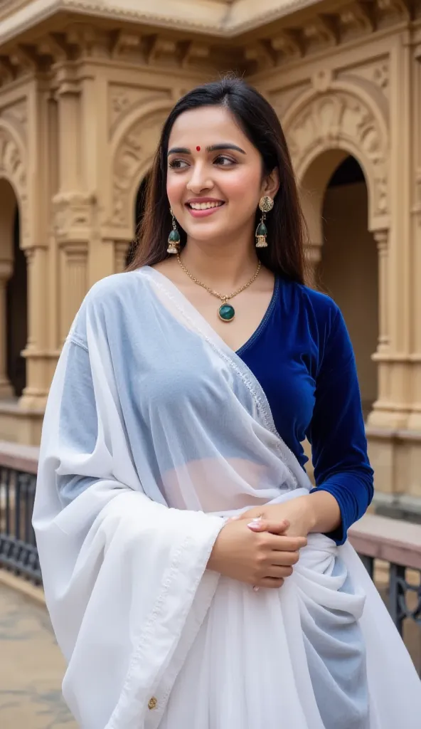 there is a white skin tone chubby curvy woman in a white sari and blue velvet blouse standing outside of the temple, with lovely look, with a seductive smile.