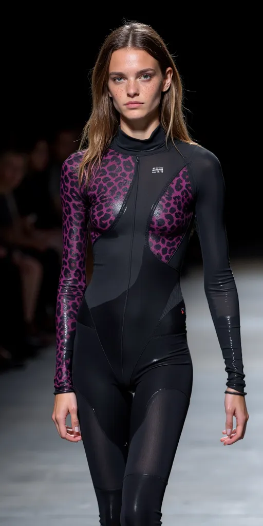 a beautiful wet superyoung aged woman wearing a dull darkgrey plum jaguarprint leopard panther creative designer ripped cut wetsuit extreme highrise leotard crotch. Pointy hipbones pushed outfront, lots of bright light. Well-lit runway photo spotlight yung...