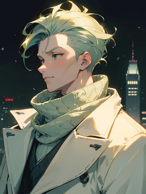 1male , Pale Green Hair , Slicked Back Hair , Curly Hair , Fitted Sweater , Jacket Worn Over , Scarf , Detailed snowy city background, Masterpiece Quality 