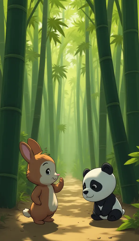 Write a scene where a curious rabbit named Bunny encounters a sad panda in a dense bamboo forest. The panda expresses his loneliness and being lost. Focus on the initial interaction and the rabbit's empathetic response."