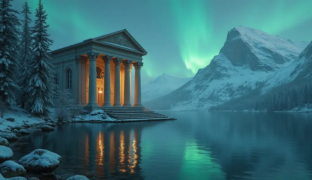 Scandinavian sacred ruins in a fantasy world。with a snowy mountain towering behind the fjord、A lake full of silence spreads out in the foreground。On the surface of the lake、Gold-decorated baroque temple pillars are reflected、soft auroral light leaking from...