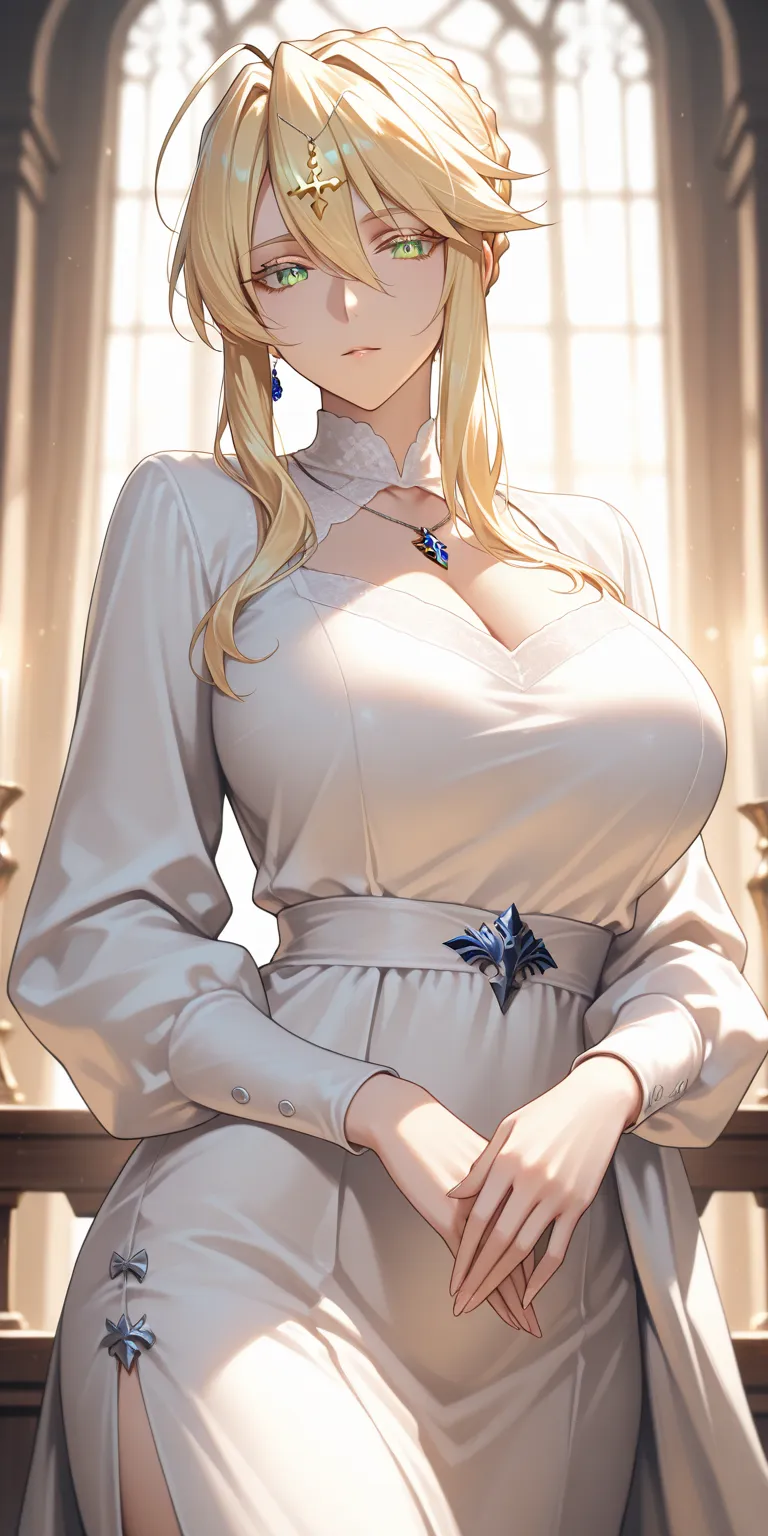 Masterpiece, very aesthetic, vibrant, high contrast, high resolution, ultra detailed, elegant mature woman, artoria Pendragon (lancer), long sleeve white dress, soft light, best quality, newest, castlevania: nocturne style, upper body