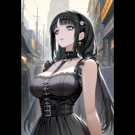 cups , k0h4r0  , 1 , Koharu Tachibana ,  narrow waist ,   large breasts  ,  big breasted,   large breasts  , corpo de milf,  a close up of a woman with long black hair wearing a black dress,  an anime cartoon by Jin Homura , pixiv, Gothic art,  A  anime go...