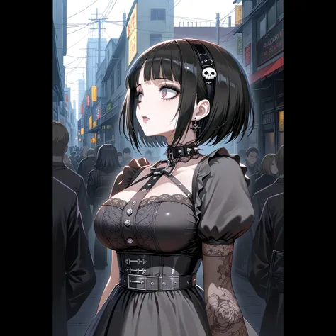 cups , k0h4r0  , 1 , Koharu Tachibana ,  narrow waist ,   large breasts  ,  big breasted,   large breasts  , corpo de milf,  a close up of a woman with long black hair wearing a black dress,  an anime cartoon by Jin Homura , pixiv, Gothic art,  A  anime go...