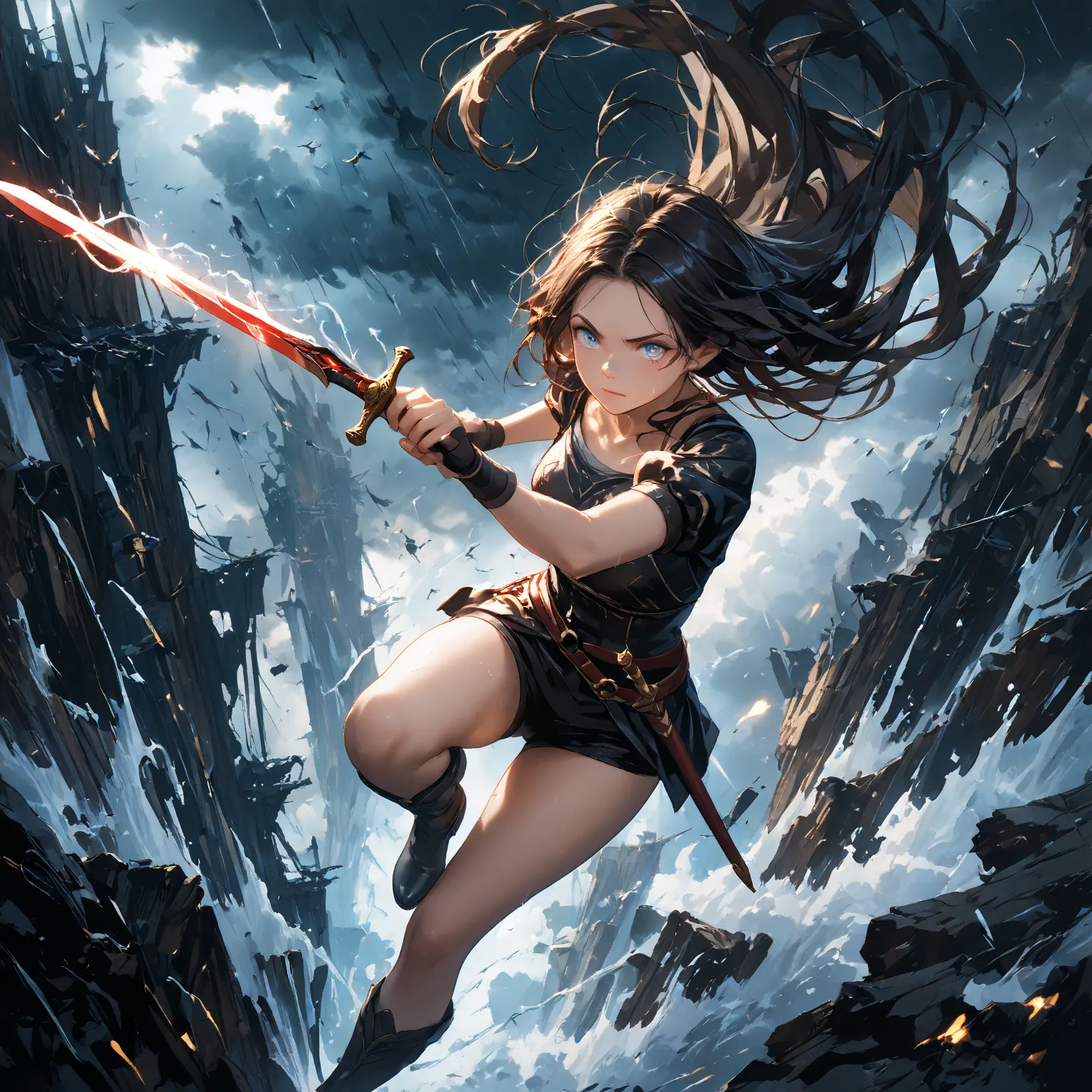 A Da Vinci style masterpiece, portraying a beautiful and focused warrior woman, with a facial expression of anger and intense determination, glowing eyes reflecting the white flame of his sword. Her flowing hair is shaken by the strong wind, with wires fly...