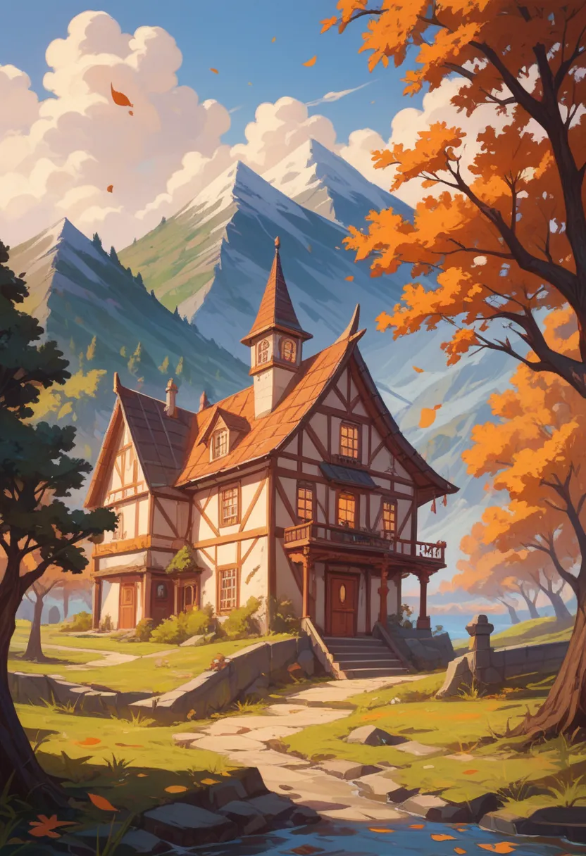 Create a stylized cartoon illustration of an autumn landscape. The scene should be framed by two large trees with thick brown trunks and vibrant orange leaves and, in between, a meandering river. In the distance, there's a village with simple, angular hous...