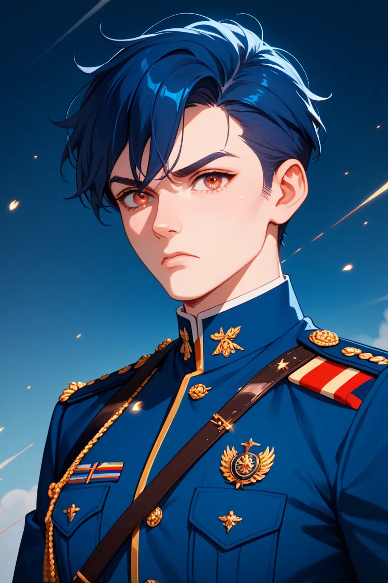 Dark blue hair divided into 73 parts gold and red odd-eye、A man wearing a military uniform with a face that makes you feel somewhat intimidated