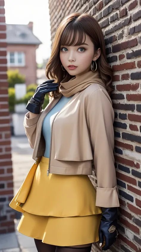 ((layer skirt:1.3))、(camel colored long sleeve zip blouson with front closure)、(gloves:1.3)、scarf、tights、blond hair、 blue eyes、standing in front of a brick-colored brick wall、greatest masterpiece:1.3、Best Quality、Raw photo quality、16k、super detailed depict...