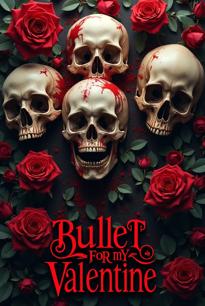 Create an art with skulls, roses and blood for the band Bullet For My Valentine, Also containing the band's name and logo.