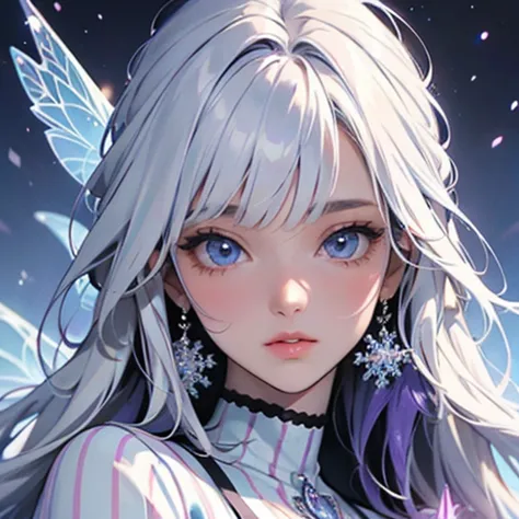 masterpiece, best quality, high quality, detailed, ultra detailed, hyper detailed, insanely detailed, exquisite, beautiful, Full-HD, 16K, highres, absurdres, fairy, a creature, memphis pattern, bangs, white hair, purple stripes hair, colored inner hair, so...