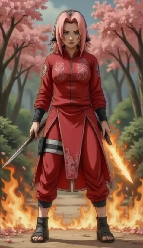 a hybrid character blending Haruno Sakura (Naruto) and a red Mortal Kombat ninja. She wears crimson ninja armor with cherry blossom motifs, wielding chakra-infused kunai and a flaming katana. Her abilities combine Sakura's chakra-enhanced strength and heal...