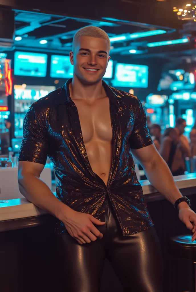 Cybernetic Bar
"In a stylish cybernetic bar filled with glowing drinks and advanced mixology, a tall, lean, and muscular man with smooth white skin stands confidently at the counter. His short hair is expertly styled, and he wears a fitted, partially unbut...