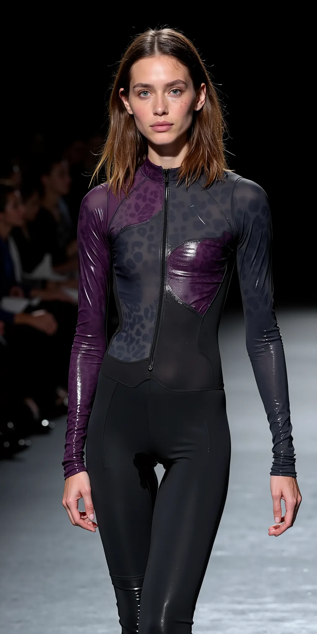 a beautiful wet superyoung aged woman wearing a dull darkgrey plum jaguarprint leopard panther creative designer ripped cut wetsuit extreme highrise leotard crotch. Pointy hipbones pushed outfront, lots of bright light. Well-lit runway photo spotlight yung...