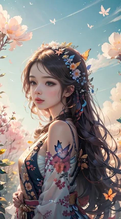 Botanical conceptual art, Hanabata Scenery, butterfly々，Beautiful flowers come in many shapes, 3d，,is watching the sky ,  animated fantasy illustration of a woman . My long bronze hair is scattered, Drift, Very harmonious. using an overall messy and imagina...