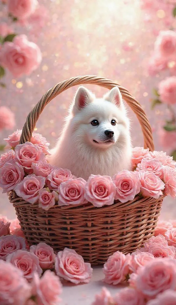 a huge wicker basket full of pink roses,a Samoyed dog sits in roses , with big eyes, blue mother-of-pearl background, 3d