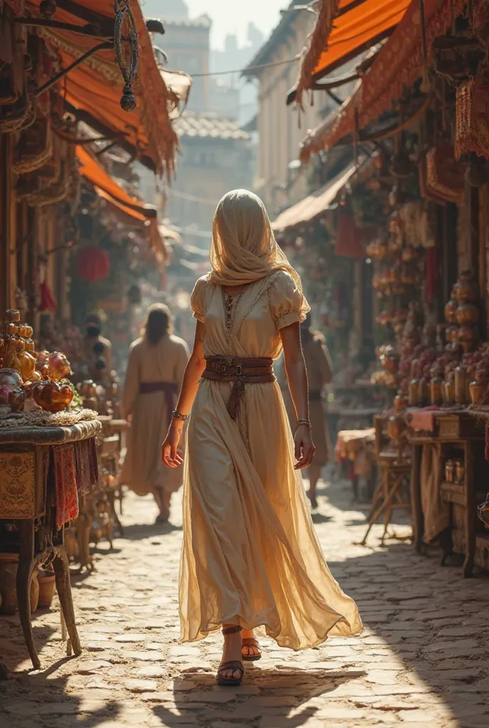 A woman at a medieval market, avoiding curious glances while walking.**