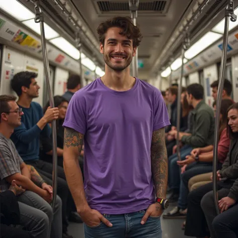 High definition image of a 20-year-old man with a tattoo on his arm, Daytime image He is wearing a simple large purple t-shirt and jeans with plenty of light and shadow on his clothes He is smiling with friends who are members of a rock band in a large sub...