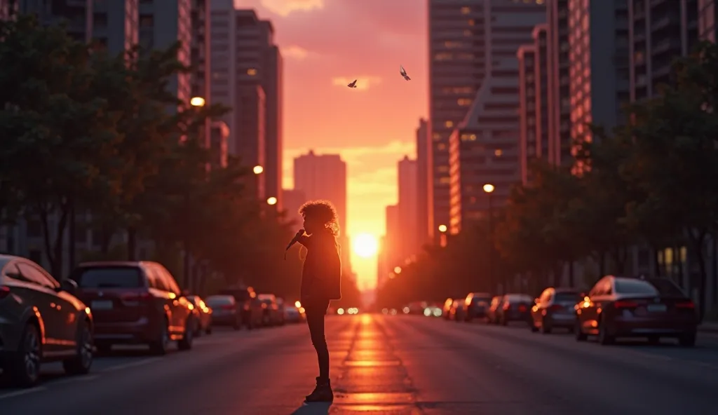 A dreamy cityscape during golden hour, with the sun setting behind tall buildings. A calm and emotional atmosphere with warm orange and pink hues in the sky. A quiet street with soft neon lights reflecting off the pavement, giving a romantic yet urban hip-...