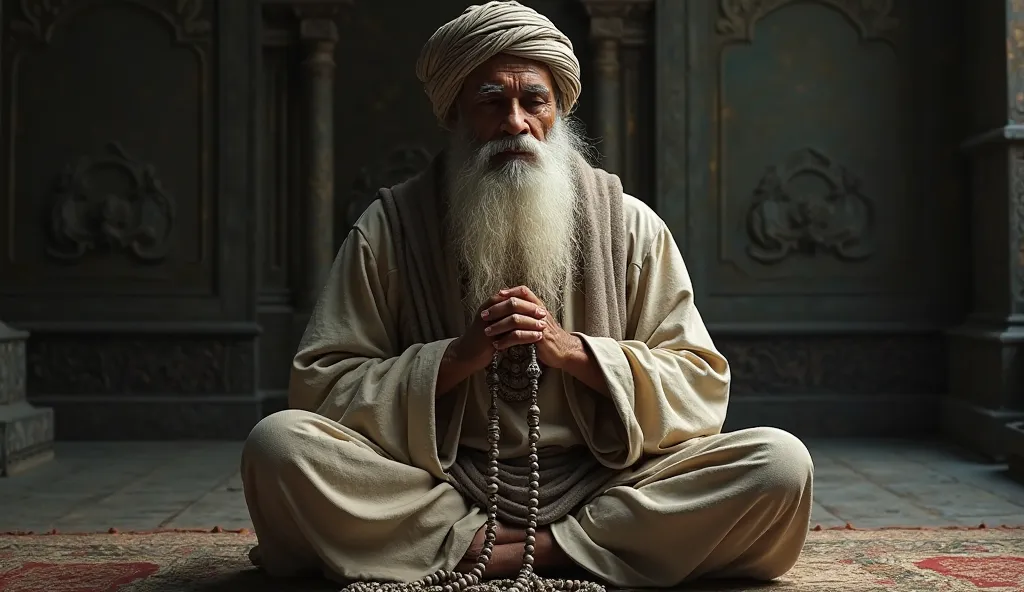 A wise old man with a long white beard, wearing a turban, is sitting, holding prayer beads, realistic details, cinematic lighting, dramatic atmosphere