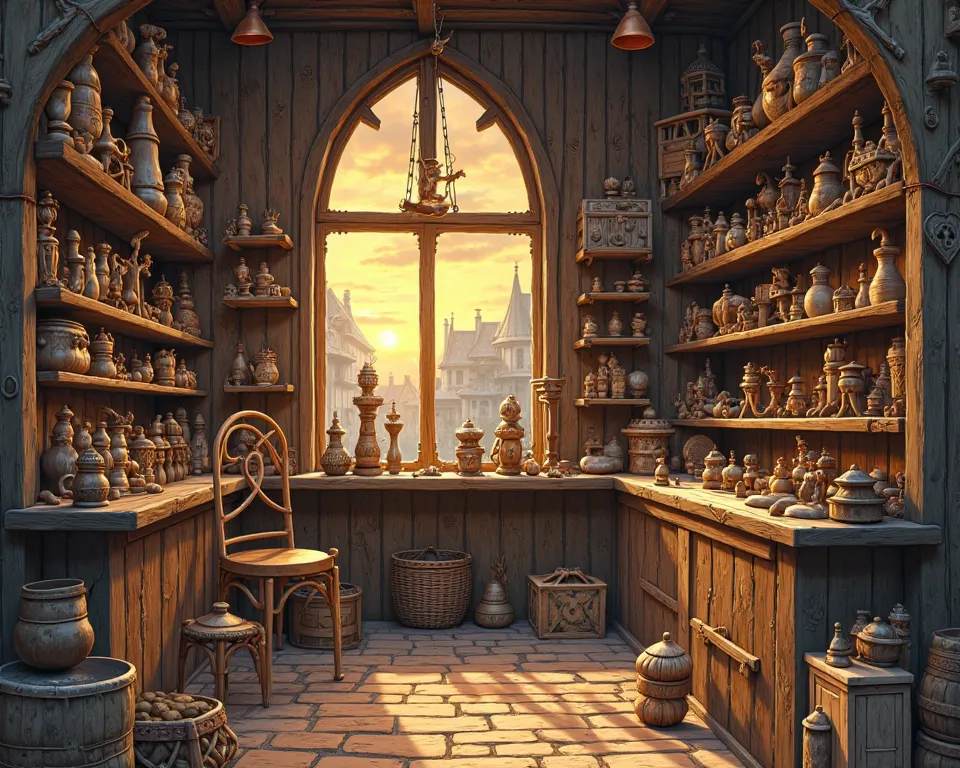 Give me an illustration of a medieval toy store where there's no one