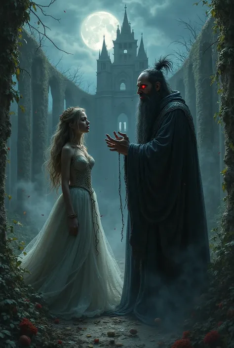 "A dark, eerie ruined palace stands in the background, its crumbling walls covered in vines and cracks, bathed in dim moonlight. In the foreground, a breathtakingly beautiful princess with long, flowing hair, wide fearful eyes, and a shimmering royal dress...