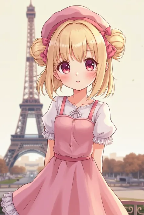 an extremely cute girl, she's french having pink eyes, light blonde hair. she wears a cute french dress. make her look french. art style is anime. Eiffel tower behind in thr background of paris. She wears a small pink beret. She did two buns hairstyle down...