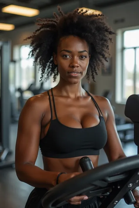 Femme métisse noire, cheveux crépu ,un peu latine ,hyper réaliste ,devant une machine pour soulever des poids dans une salle de sport .Huper réal avec présence d’autres personnes .avec tenu sport .Photo très réaliste comme les photos des androïdes .