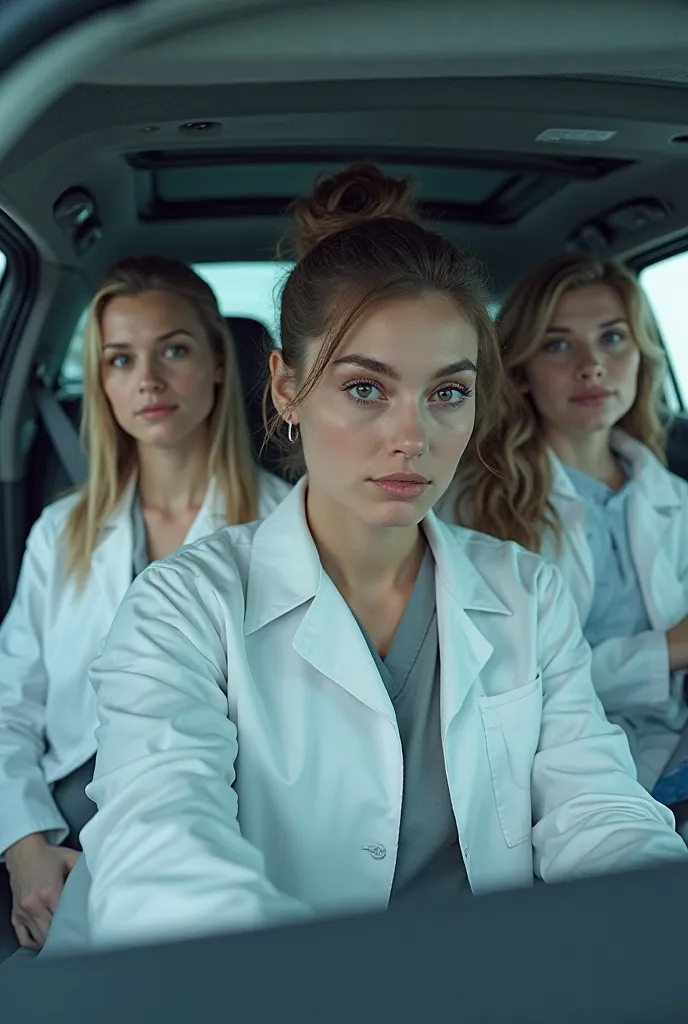 4 people inside a car with white coats