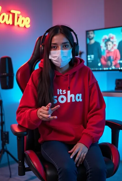 "A confident Pakistani Girl sits on a sleek gaming chair in her high-tech YouTube studio. She wears a striking bright Red hoodie with 'Its soha' boldly displayed on the front. Despite wearing a stylish White COVID-19 mask, her expressive face and dynamic h...