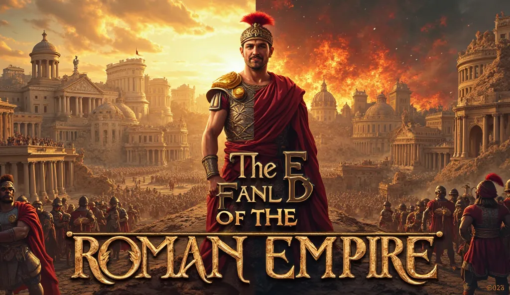 Thumbnail Title: The Rise and Fall of the Roman Empire

Visual Elements:

Background: A dramatic, split background with a golden, vibrant cityscape on one side representing the peak of the Roman Empire and a crumbling, fiery, and ruined Roman cityscape on ...