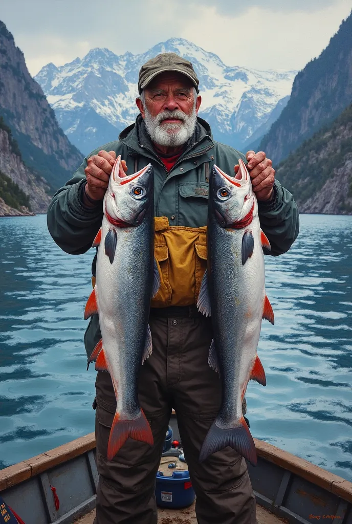 Fisherman in the cold south of Chile, showing their freshly caught salmon, fish in impressionist art style, oil painting