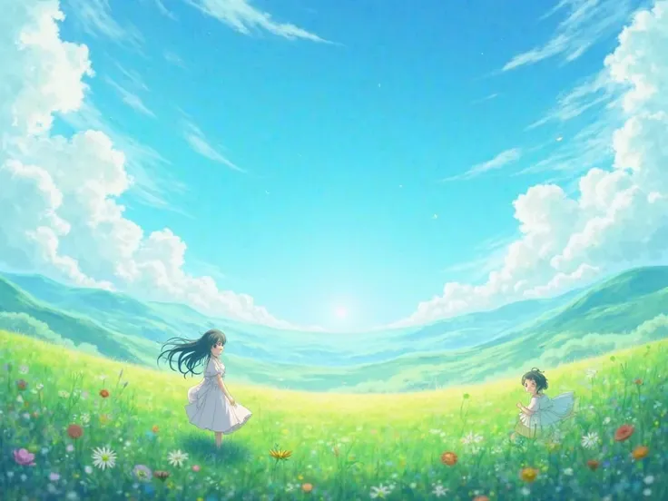  Anime style. Blue sunny sky, Green field 