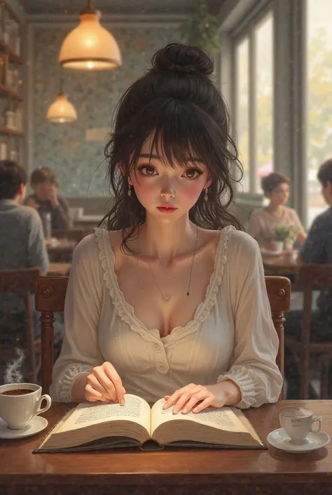 a girl sitting in a cafe and reading