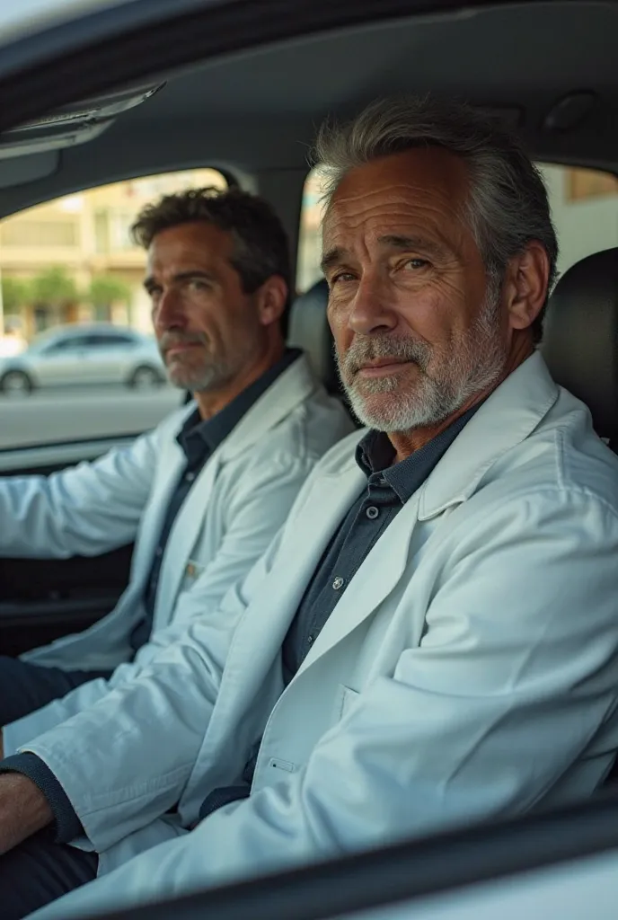 Two men from Costa inside a car with white coats 