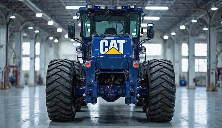 "A powerful, heavy-duty motor grader viewed from the rear, standing in a modern industrial showroom with bright lighting. The machine is painted in glossy blue with bold branding on the back. It features large, rugged rear tires, a reinforced rear frame, a...