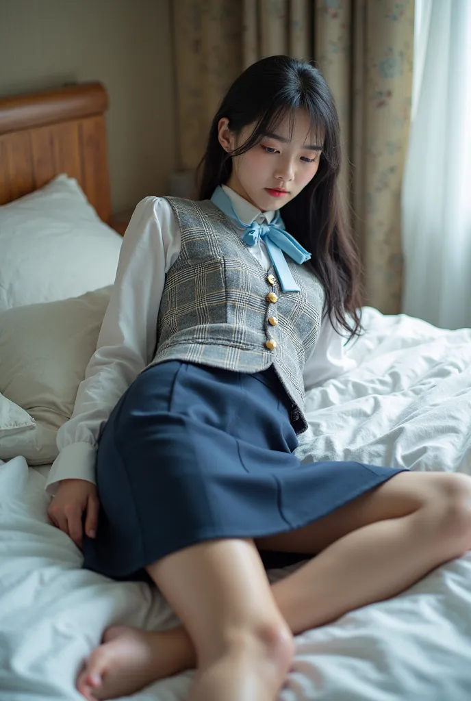 A beautiful young Japanese woman full body in perspective. She is lying on a bed on her back.  Her right leg is bent at the knee with the foot resting on the table, while her left leg is extended slightly outward.
Her head tilts downwards dramatically, gaz...