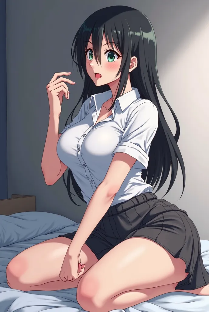  Best quality,  anime screenshot , 1 woman, Alone, hinapony , black hair, Byakugan-Augen, Shirt, Mid-width, loose skirt, stupid, large, Breasts , thick muscular thighs, curvy hips, lift her leg up, from below,  Open mouth,  tongue out, saliva, that comes o...