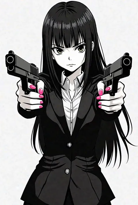 Black and white cartoon of a female manga with dark long straightened hair and dark eyes.A gun in each hand. Uniquement les ongles rose.