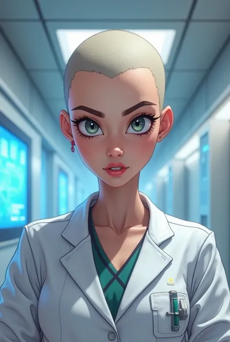 Animated female doctor with her head almost completely shaved 