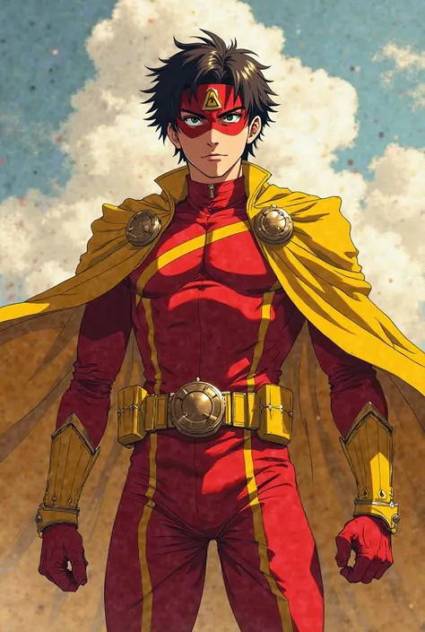 Anime character 

Heiji transformed into guardian of justice

Red uniform with yellow details 

A yellow cover 

A red mask