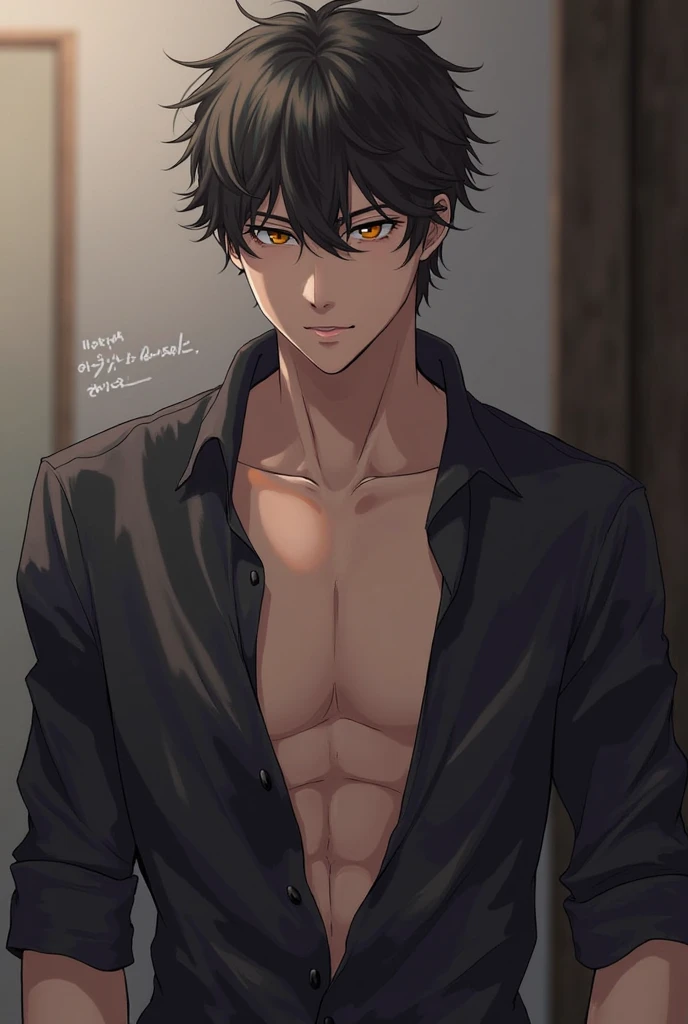 Satoru Gojo from Junutsu Kaisen, in a sensual way, with the shirt unbuttoned and saying "Happy birthday dear  "