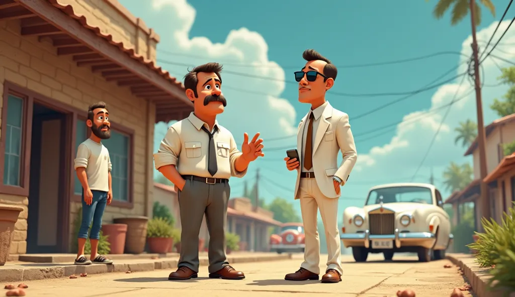 A 3D cartoon-style scene where Mike (moustached, neat hair, tie, old/worn clothing) stands up firmly, gesturing emphatically at a flustered Mr. Peterson (based on the attached image: tall, slender, wearing a stylish white suit and sunglasses) as he declare...