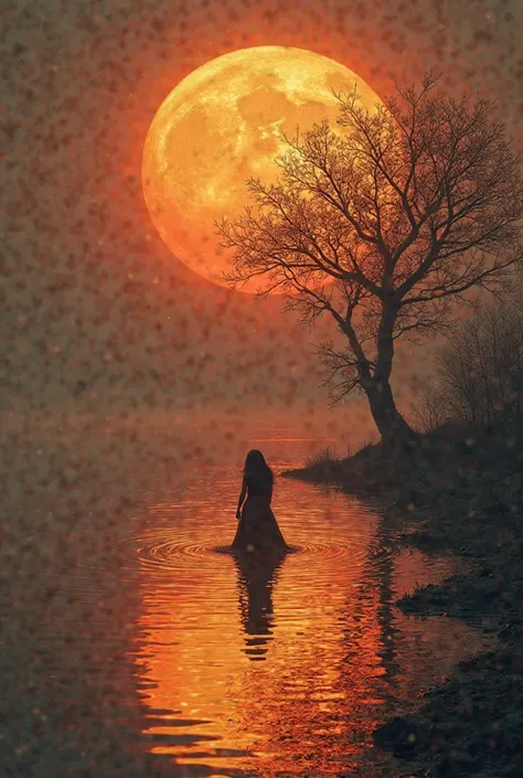 A descending large solar disk just reaches the surface of the water an old dry tree stands on the shore of the lake. A black-haired girl in black dress dances in the water. Hyper-realistic 8k ultra hd image 