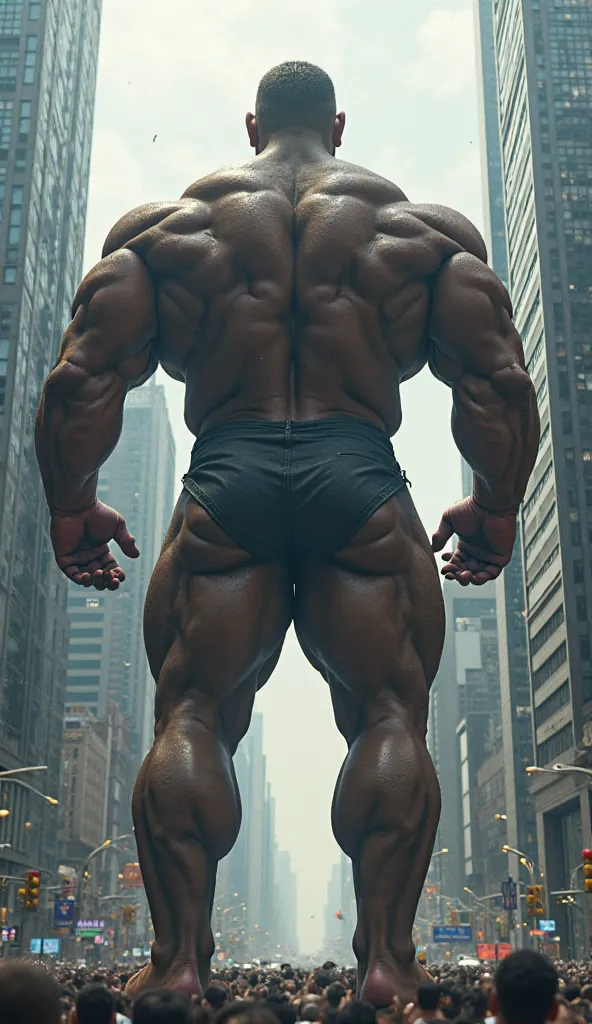 photoreal shot of a giant bodybuilder towering over the city