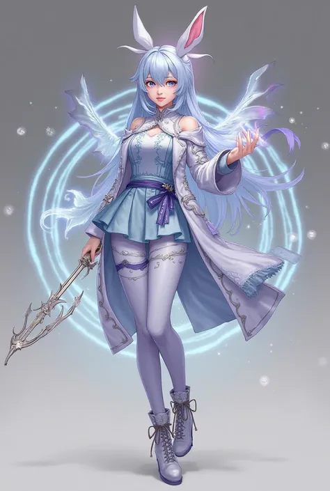 ## **Character design:  Women's Honeymoon **
** Style :**  elegant ,  ghost , occult, combines modern and traditional.

### **1.  outfit **
- ** Modern dress :**  light blue ,  layered skirt ,  blue print ,  shoulder part with blue purple ribbon .
- **tigh...